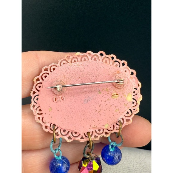 Vintage Celluloid Brooch Plastic Pink Beaded‎ Rhinestone Blue - Picture 4 of 8